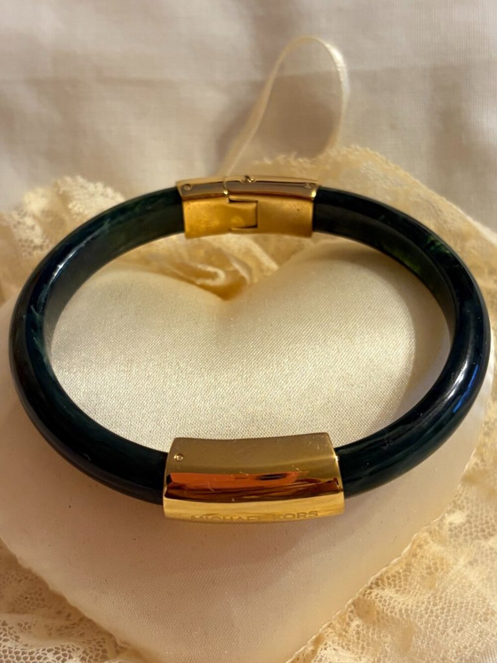 Michael Kors Gold & Green Marbled Resin Hinged Bangle Bracelet